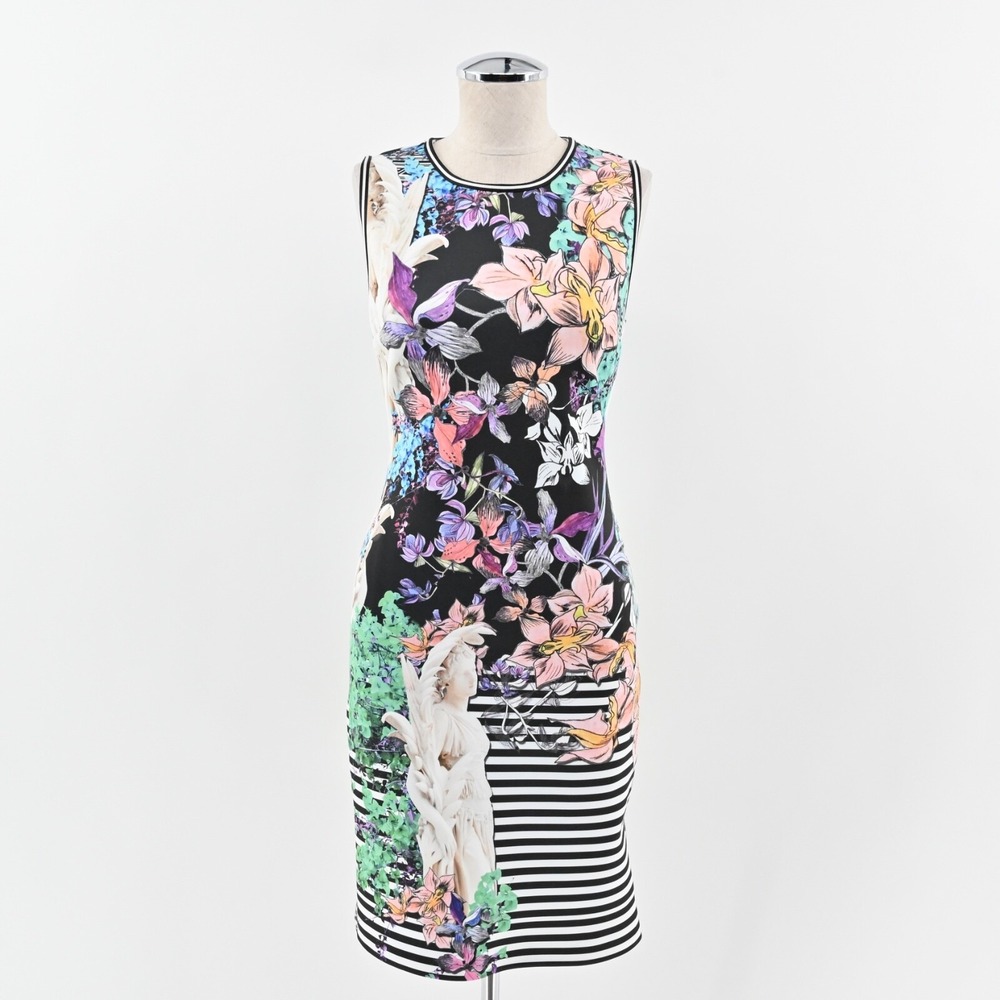 CLOVER CANYON Enchanted Garden‎ Dress Sz M Sheath Black Floral Stripe Sleeveless
